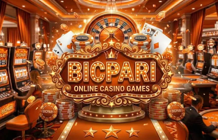 A victorious bettor surrounded by cascading gold coins and a shimmering reward wheel — showcasing the prestige of BICPARI.